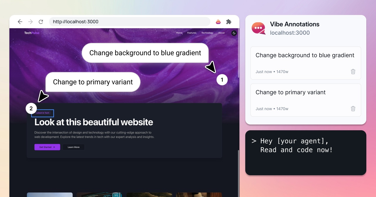 Vibe Annotations in action - Visual feedback meets automated code fixes